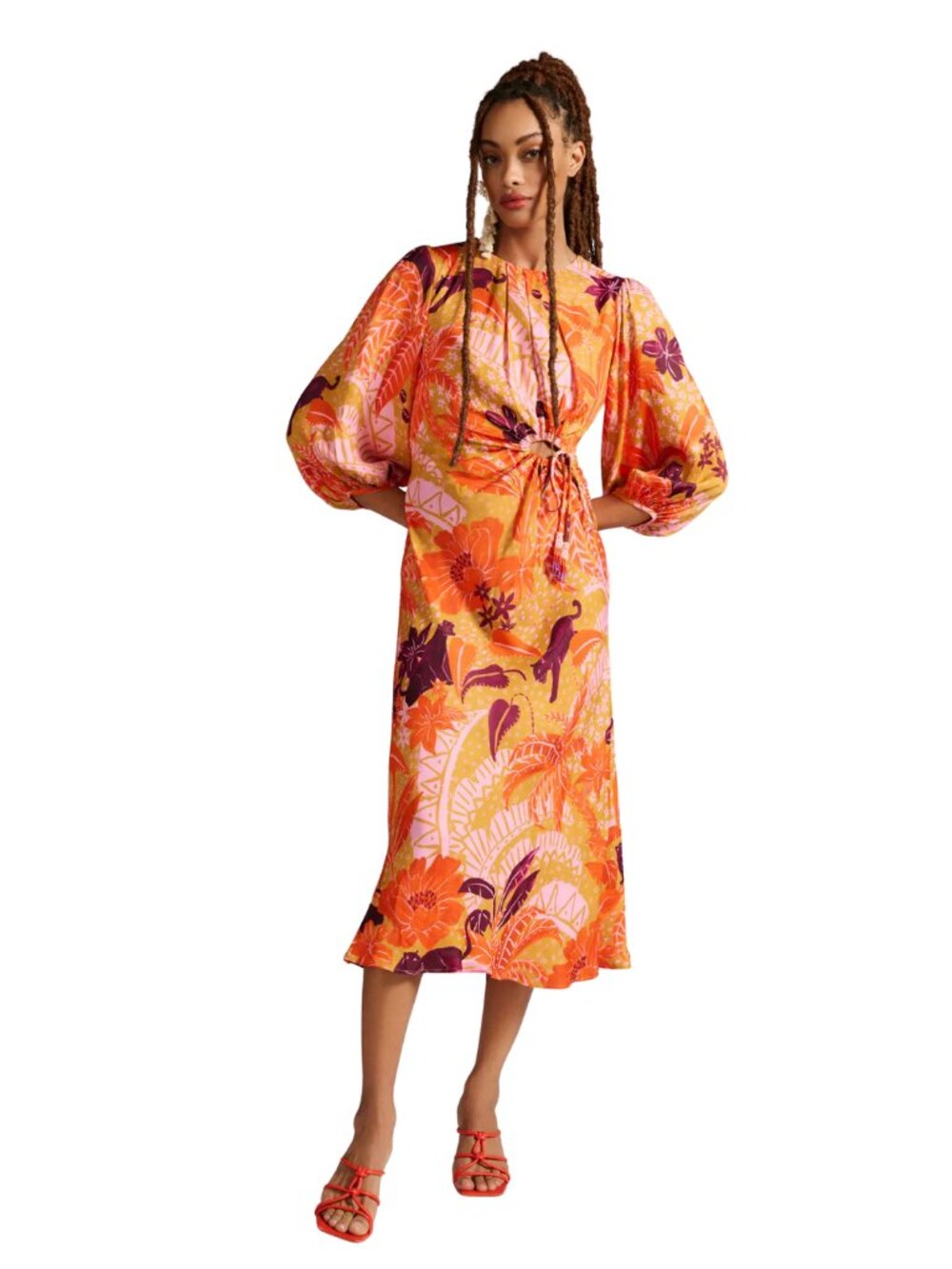 Farm Rio Jungle Panther Puff Sleeve Cutout Midi Dress Size XL